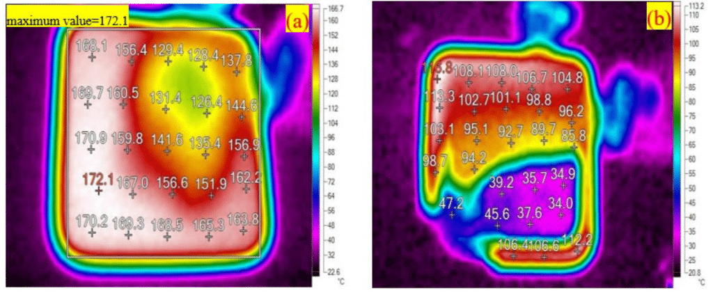 (a) Before impact damage, (b) after impact damage and explosion Figure 5 Surface temperature rise distribution of ZnO varistor. [19]
