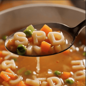 Picture of soup spelling out "SPD"